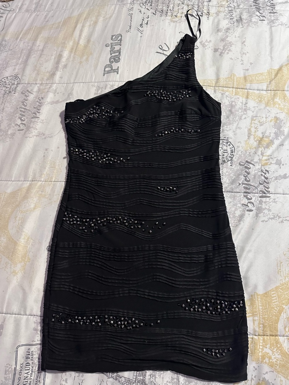 bebe Black One-Shoulder Beaded Evening Dress